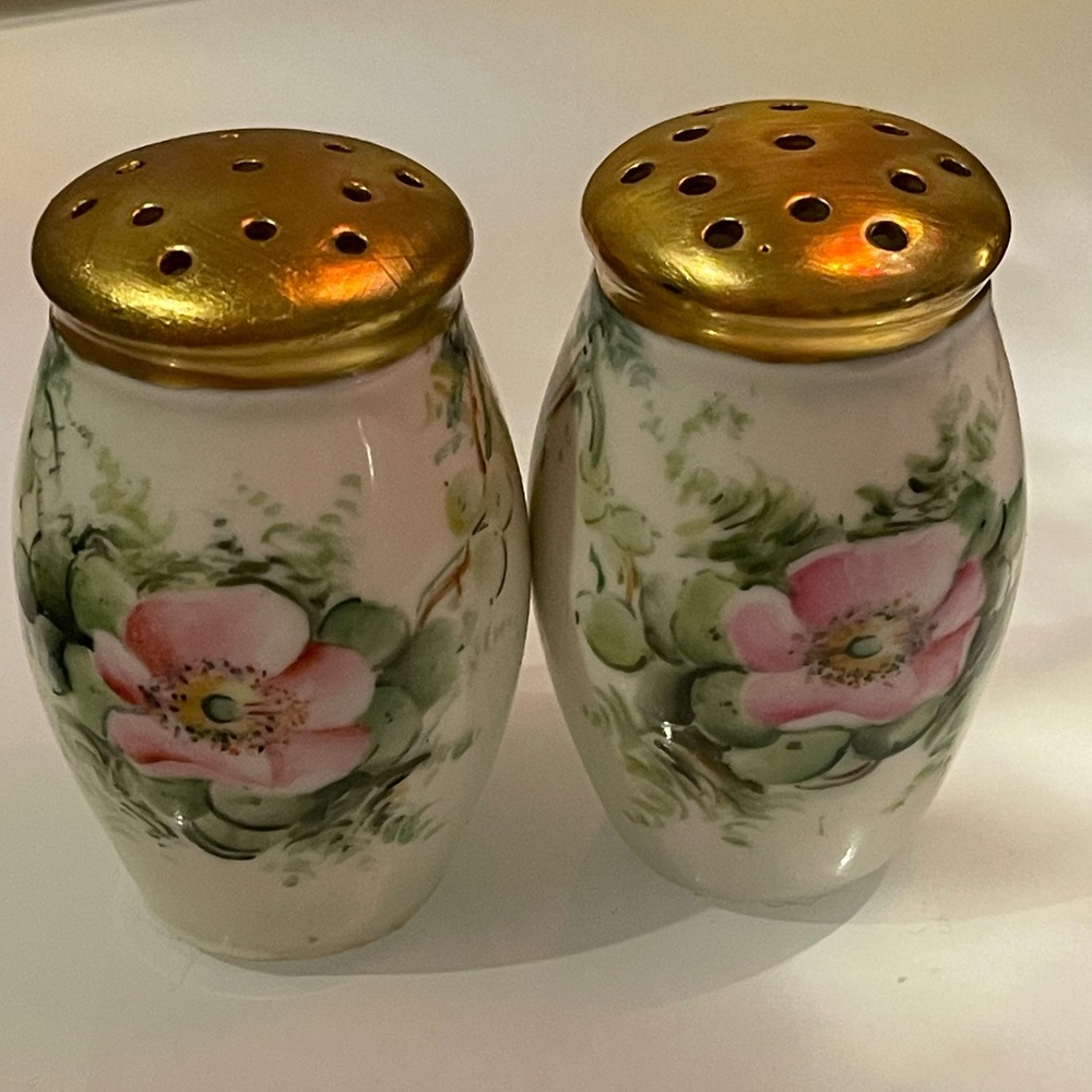 Vintage Porcelain Bavaria Salt and
Pepper Shakers. Hand Painted Pink flowers